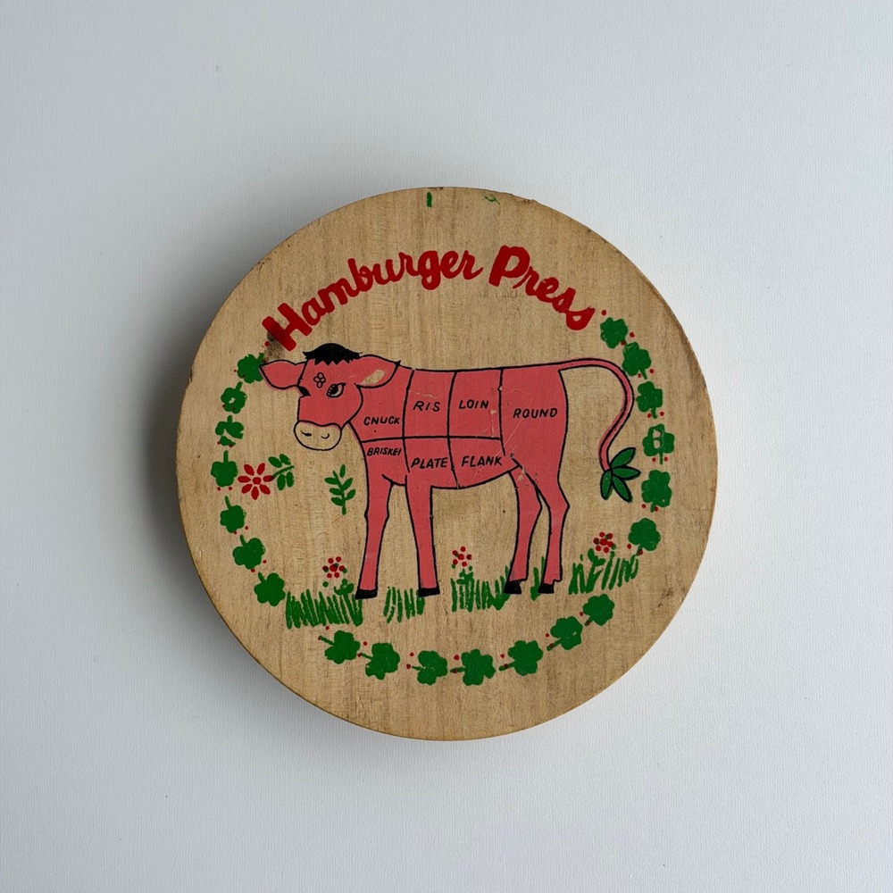 Vintage Wooden Hamburger Press Farmhouse Cow Meat Cuts Cottage Country